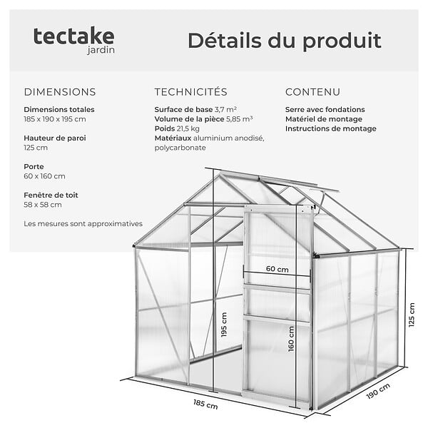 TECTAKE - Serre en aluminium, résistant aux UV, 185x190x195cm blanc transparent - large