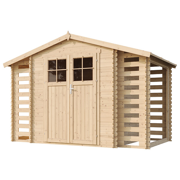 TIMBELA - Abri de jardin en bois et range bûches extérieur AVEC SOL TRAITÉ - extérieur I206xL328xH218 cm/ 3,53 + 0,97+0,97 m2 - TIMBELA M391F+M391G - large
