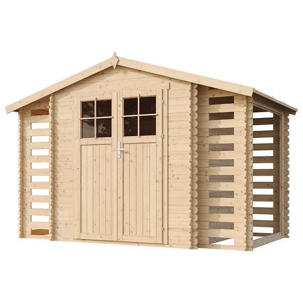 TIMBELA - Abri de jardin en bois et range bûches extérieur - I206xL328xH218 cm/ 3,53 + 0,97+0,97 m2 -  TIMBELA M391F - large