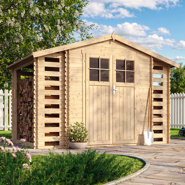TIMBELA - Abri de jardin en bois et range bûches extérieur - I206xL328xH218 cm/ 3,53 + 0,97+0,97 m2 -  TIMBELA M391F - large