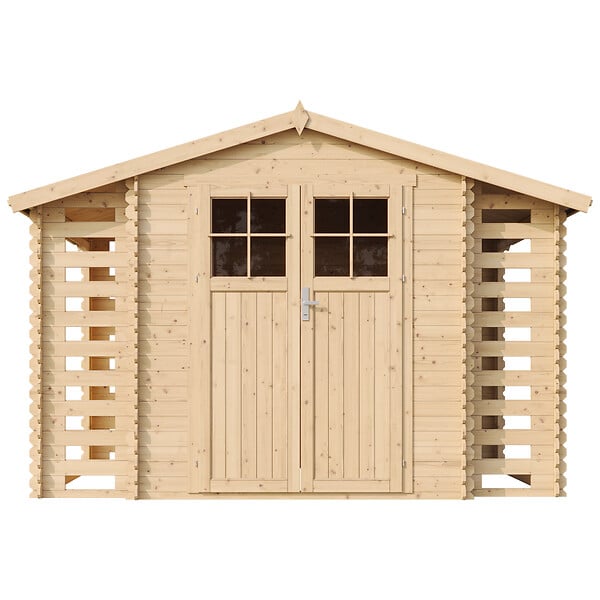 TIMBELA - Abri de jardin en bois et range bûches extérieur - I206xL328xH218 cm/ 3,53 + 0,97+0,97 m2 -  TIMBELA M391F - large