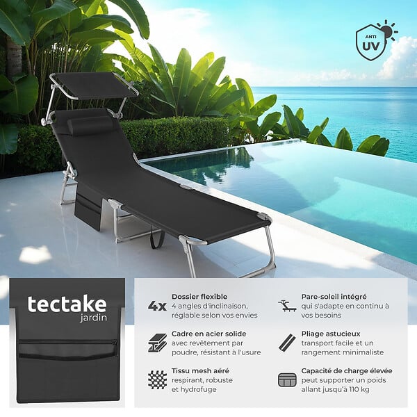 TECTAKE - Bain de soleil Chloé 4 positions avec appui-tête et pochette noir - large