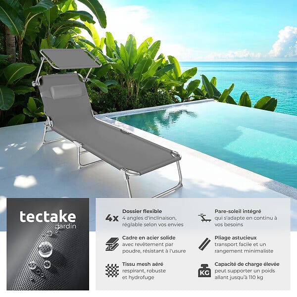 TECTAKE - Transat acier gris 4 niveaux réglage dossier appuie-tête amovible pare-soleil inclinable structure stable - large