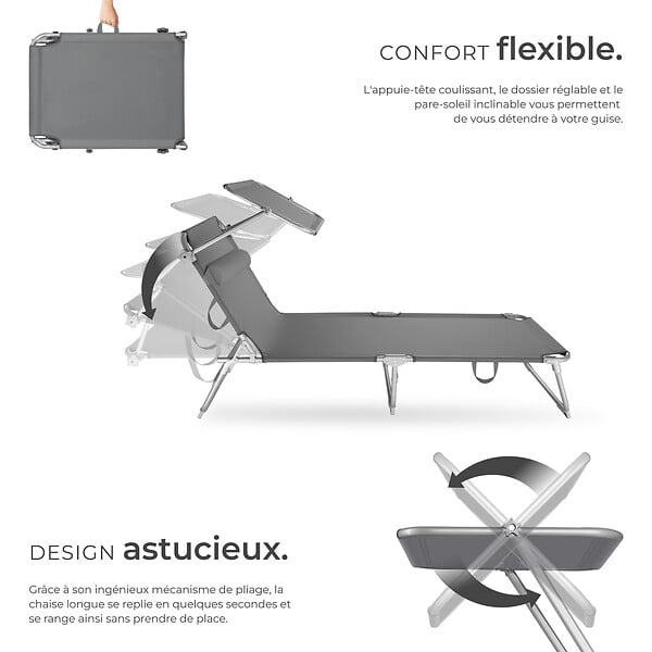 TECTAKE - Transat acier gris 4 niveaux réglage dossier appuie-tête amovible pare-soleil inclinable structure stable - large
