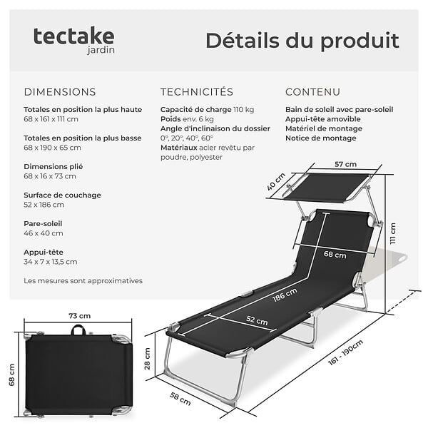 TECTAKE - Transat CHLOÉ noir - large