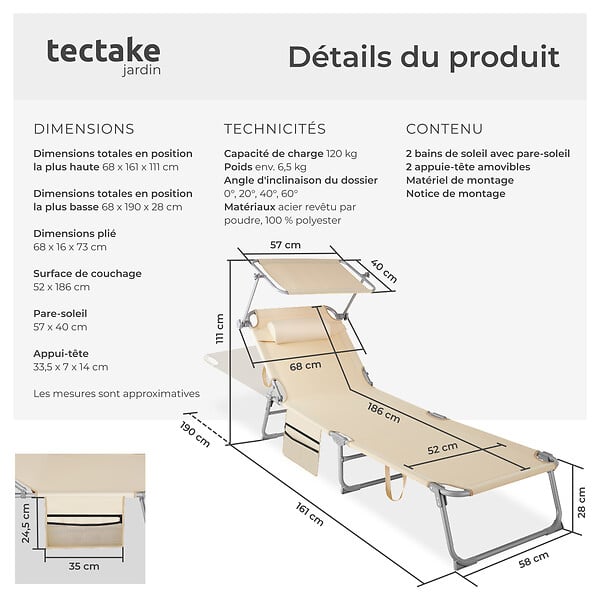 TECTAKE - Lot de 2 bains de soleil Chloé 4 positions avec appui-tête et pochette beige - large