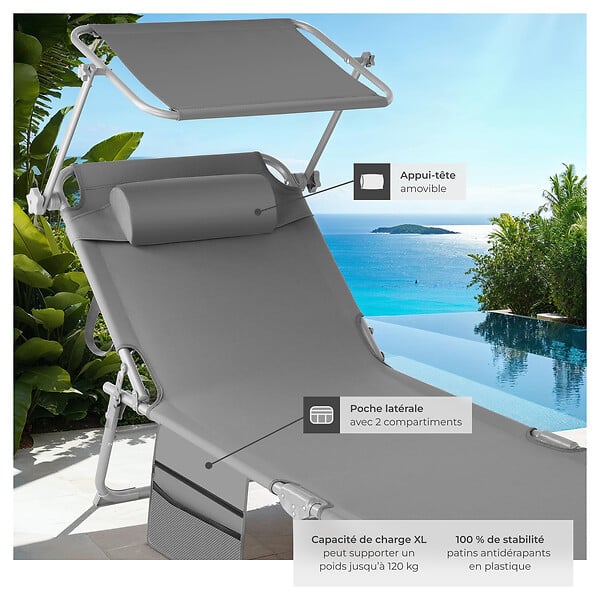 TECTAKE - Lot de 2 bain de soleil gris en polyester réglable 4 positions avec pare-soleil - large