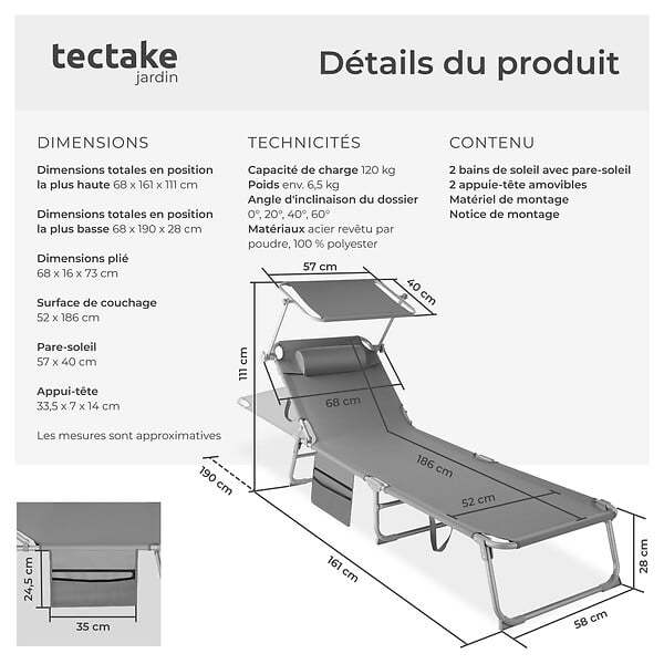 TECTAKE - Lot de 2 bain de soleil gris en polyester réglable 4 positions avec pare-soleil - large