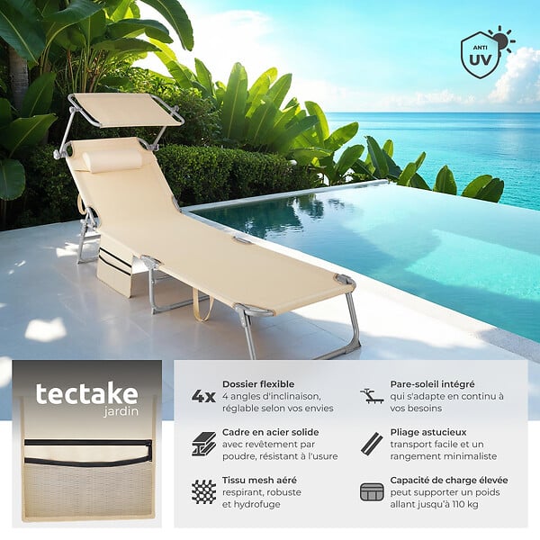 TECTAKE - Bain de soleil Chloé 4 positions avec appui-tête et pochette beige - large