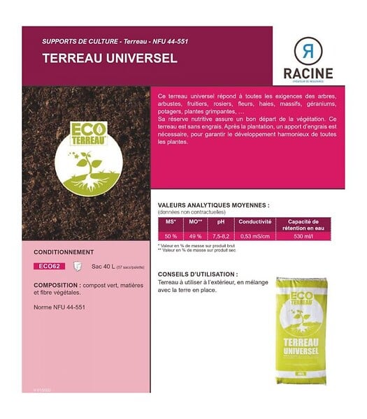 RACINE - Terreau économique universel 100% naturel 57 sacs 40 litres pour fleurs arbustes - large
