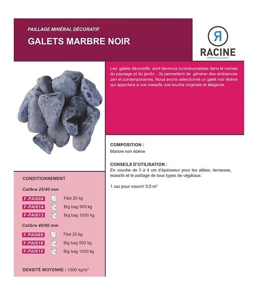 RACINE - Paillage minéral Galet marbre noir 24-40mm, 10 filets de 20kg - F-PAI068-10x20 - large