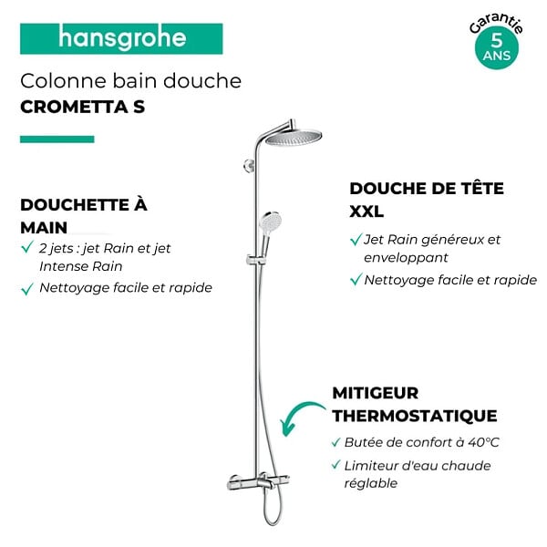 HANSGROHE - Colonne de douche avec mitigeur thermostatique bain/douche Showerpipe CROMETTA S240 - Chromé - large