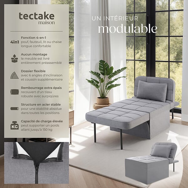 TECTAKE - Fauteuil de relaxation PONTO 4-en-1 réglable sur 6 positions gris - large
