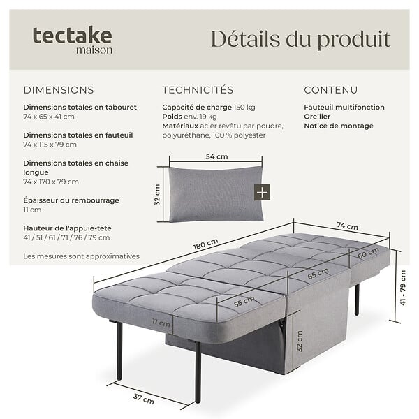 TECTAKE - Fauteuil de relaxation PONTO 4-en-1 réglable sur 6 positions gris - large