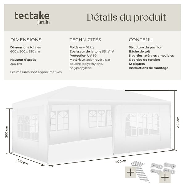 TECTAKE - Pavillon imperméable NOVARA avec 5 côtés blanc - large