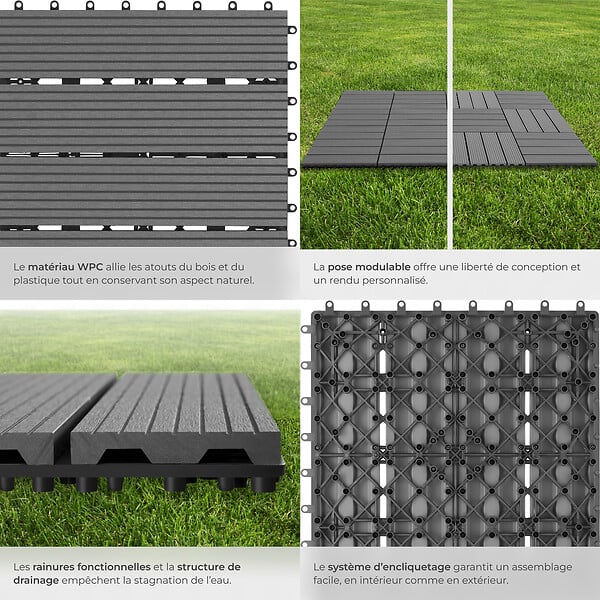 TECTAKE - Dalles terrasse en wpc gris clipsables avec système clic surface antidérapante 31x31x2,2 cm - large