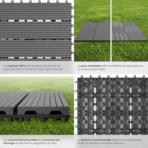 TECTAKE - Lot de dalles de terrasse TEGULAS en WPC aspect bois gris - large