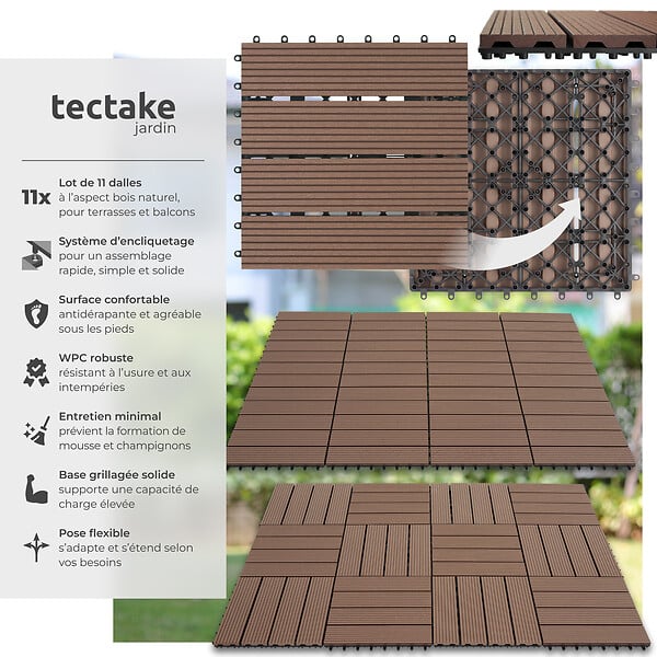 TECTAKE - Lot de dalles de terrasse TEGULAS en WPC aspect bois marron - large