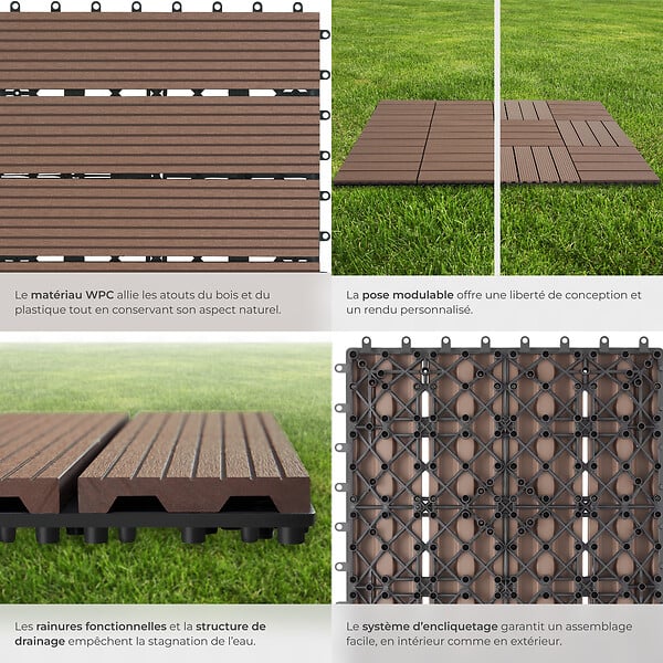 TECTAKE - Lot de dalles de terrasse TEGULAS en WPC aspect bois marron - large