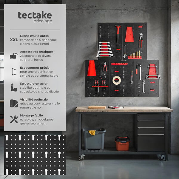 TECTAKE - Lot 5 panneaux en métal perforés 43 crochets supports noir rouge 200x60 cm rangement atelier - large