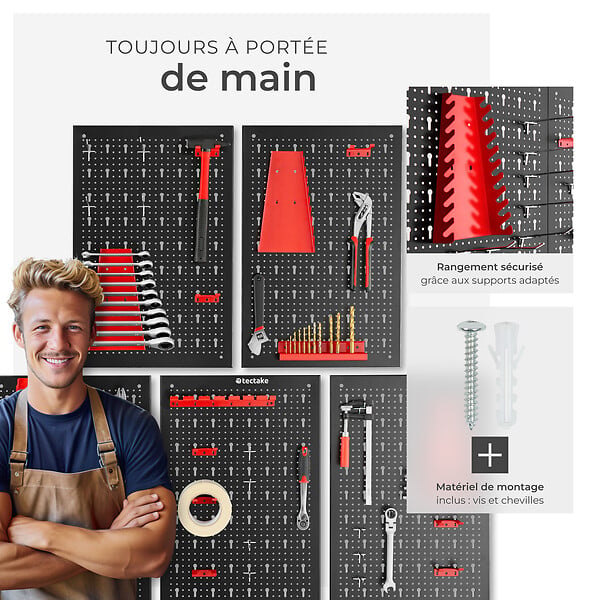 TECTAKE - Lot 5 panneaux en métal perforés 43 crochets supports noir rouge 200x60 cm rangement atelier - large