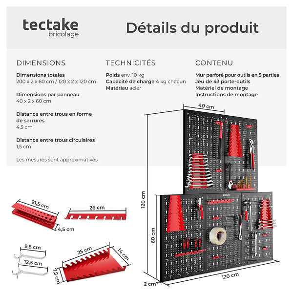TECTAKE - Lot 5 panneaux en métal perforés 43 crochets supports noir rouge 200x60 cm rangement atelier - large