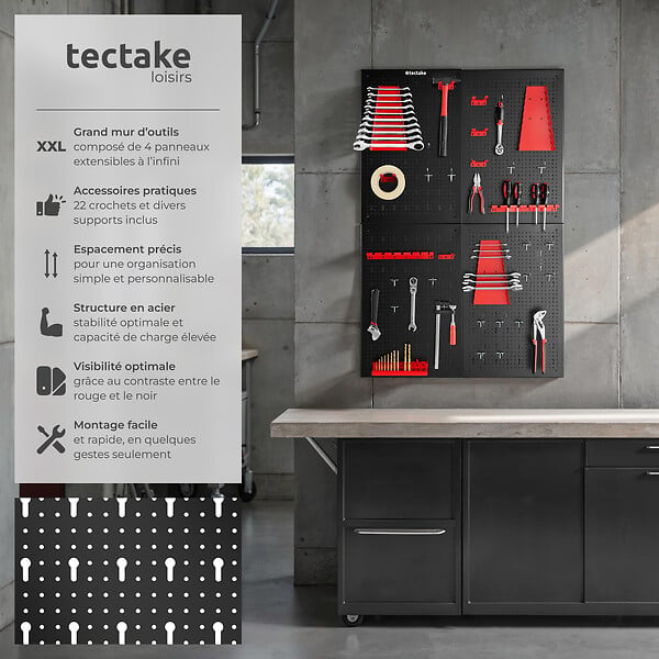 TECTAKE - Panneau perforé JONAH avec crochets et supports noir/rouge - large