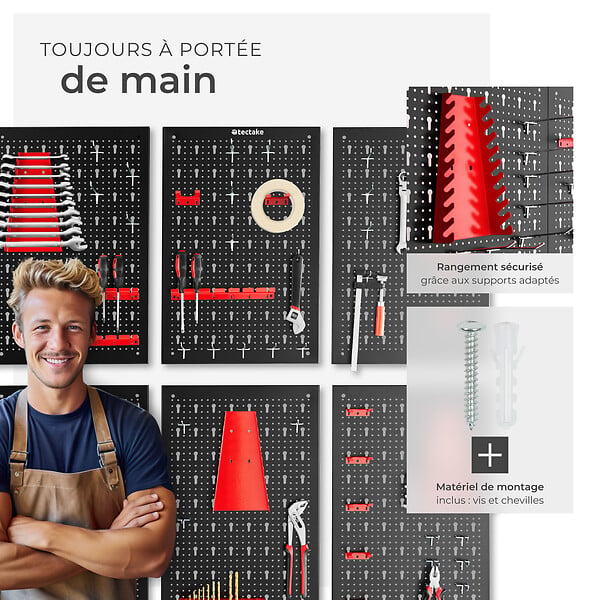 TECTAKE - Panneau perforé JONAH avec crochets et supports noir/rouge - large