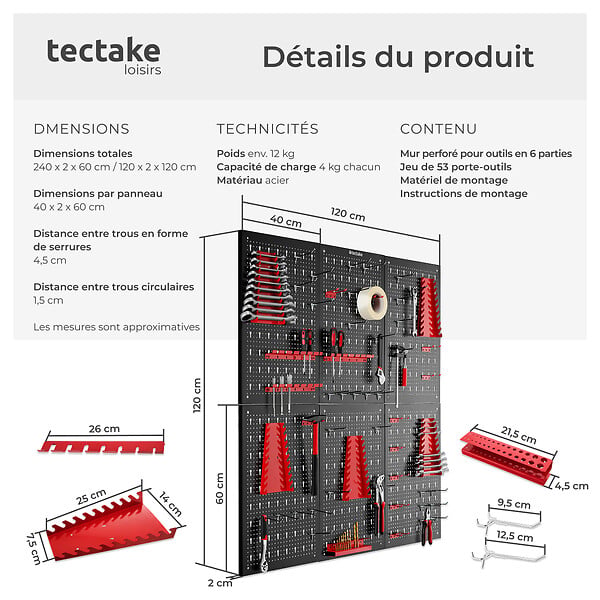 TECTAKE - Panneau perforé JONAH avec crochets et supports noir/rouge - large