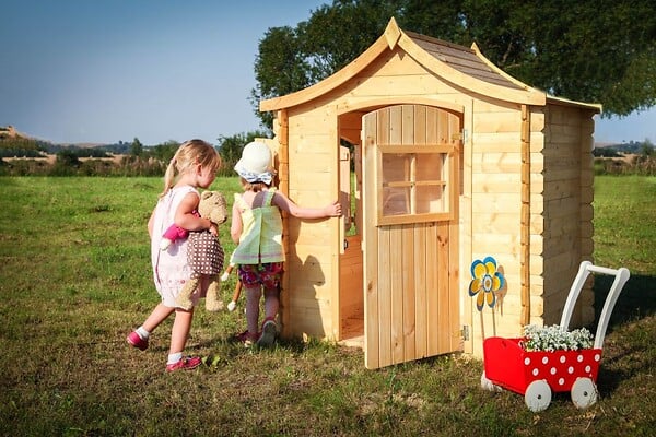 TIMBELA - Maison en bois pour enfants AVEC PLANCHER - Maison de jeux pour l'extérieur 112x146xH152cm/1.1m2 - Maison d'été extérieure Timbela M550 - large