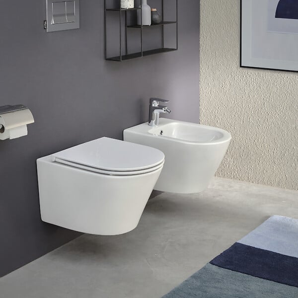JACOB DELAFON - Pack WC suspendu sans bride Rodin+ avec abattant + bâti support + plaque blanche + tabouret bois - large