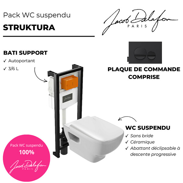 JACOB DELAFON - Pack WC suspendu sans bride Struktura+ bâti-support + plaque blanc + tabouret blanc - large