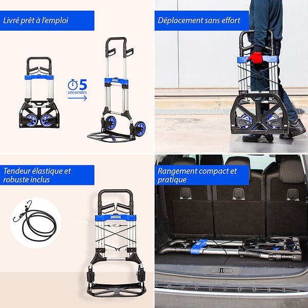 HOSTRÃ–M - Diable pliant Aluminium pour Charge Lourde, Diable pliable Demenagement, Transport matériau, Grandes Roues, Charge Max. 200kg, Garantie 5 ans, Hostrom - large