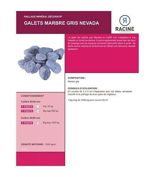 RACINE - Galet marbre gris Nevada 25-40mm, Filet de 20 kg - F-PAI074 - large