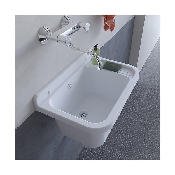 INTEC - Lavabo Mural en Résine Blanc 50 x 32 cm Vasque Suspendue Anti-chocs - Evier Lave-Mains Salle de Bain WC Garage Buanderie - large
