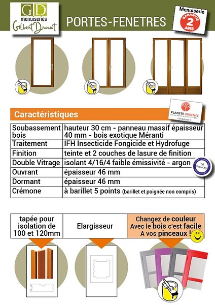 GD MENUISERIES - Porte Fenetre Bois 2 Vantaux H205 x L100 cm Côte Tableau - large