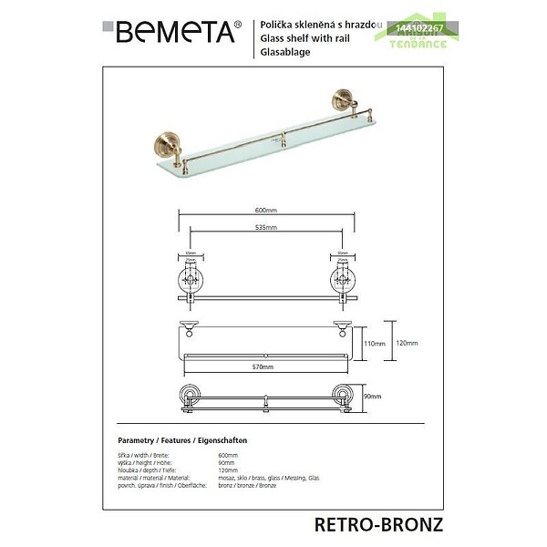 BEMETA - Etagère, tablette  RETRO en verre et en bronze 60x9x12 cm - large
