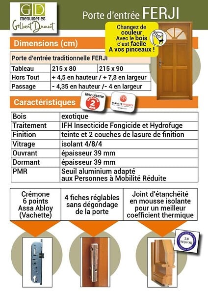 GD MENUISERIES - Porte d'entrée Bois Vitrée Ferji, H215 x L90 cm Côte Tableau, p.Droit (Poignée, Barillet ref 010403FP) - large