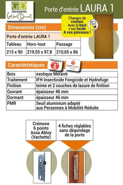 GD MENUISERIES - Porte d'entrée Bois Pleine Laura, H215 x L90 cm Côte Tableau p. Gauche - large