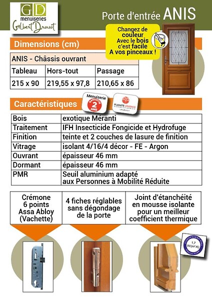 GD MENUISERIES - Porte d'entrée Bois Vitrée Anis, H215 x L90 cm Côte Tableau p. Gauche - large