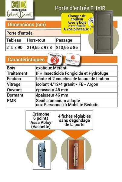 GD MENUISERIES - Porte d'entrée Bois Pleine Elixir, Vert Gris Olive, H215 x L90 cm Côte Tableau p.Gauche - large