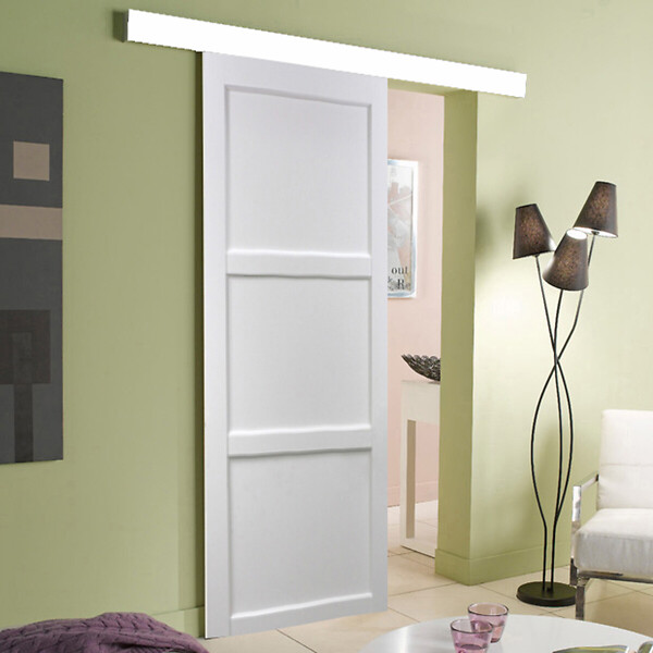 GD MENUISERIES - Porte Coulissante Korya Blanc 3 panneaux H204 x L83 cm, Rail Alu bandeau blanc, Coquilles - large