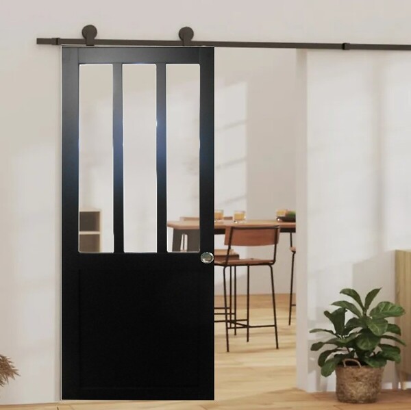 GD MENUISERIES - Porte Coulissante Atelier Noir H204 x L83 cm, Rail roulettes, Coquilles - large