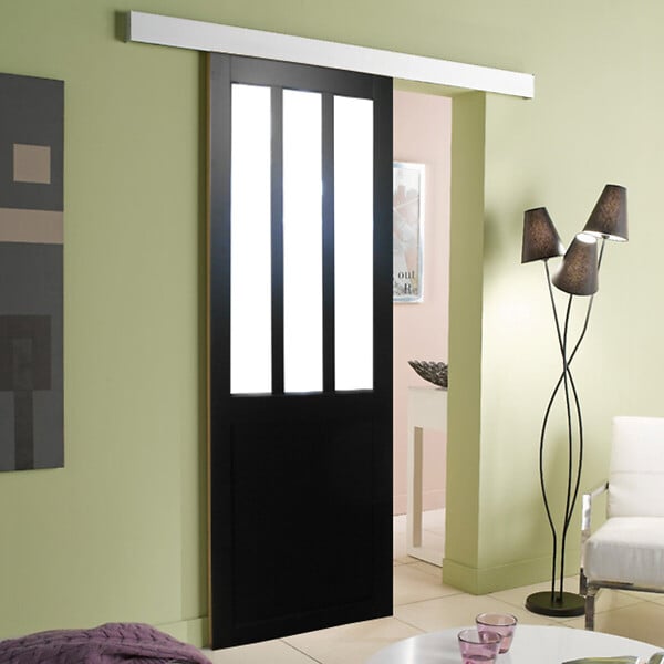 GD MENUISERIES - Porte Coulissante Atelier Noir vitre depoli H204 x L83 cm, Rail Alu Bandeau blanc, Coquilles - large