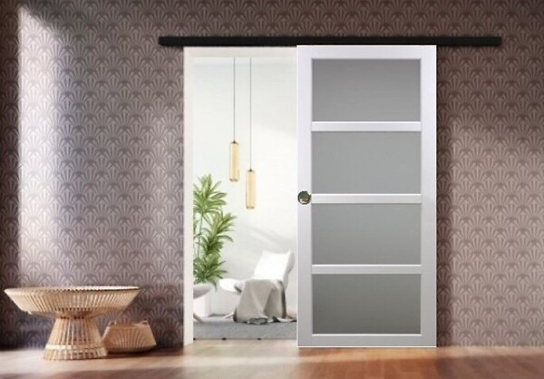 GD MENUISERIES - Porte Coulissante Tana blanc Vitrée H204 x L63 cm, Rail Alu bandeau noir, Coquilles - large