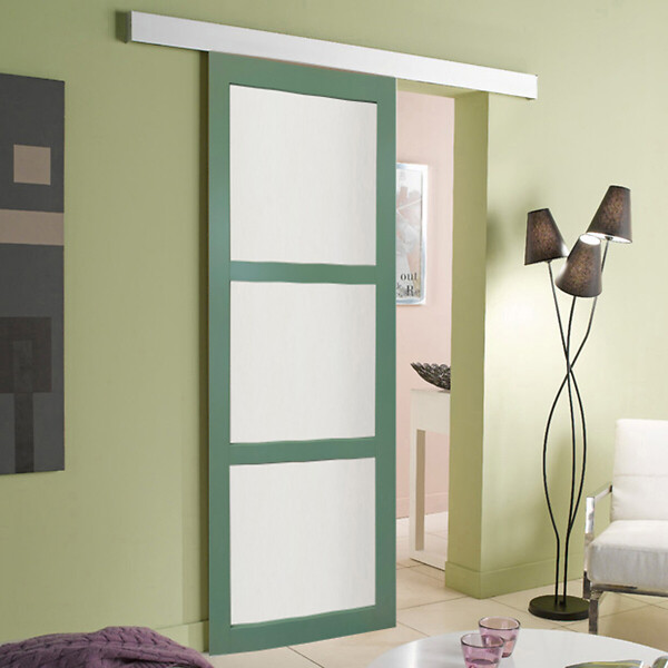 GD MENUISERIES - Porte Coulissante Vert Sauge RAL 6021 Vitrée H204 x L83 cm, Rail Alu bandeau blanc, coquilles - large