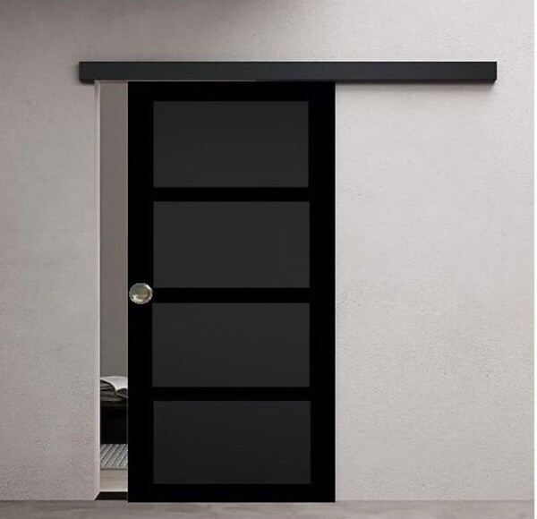 GD MENUISERIES - Porte Coulissante Telia noir 4 panneaux H204 x L83 cm, Rail Alu bandeau noir, Coquilles - large