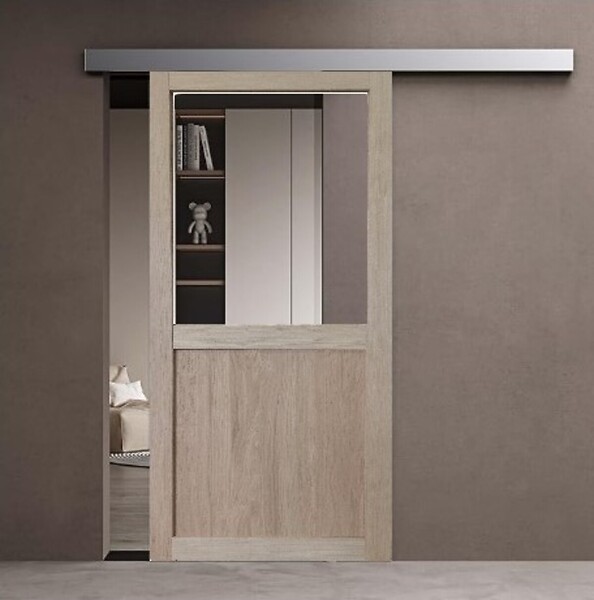 GD MENUISERIES - Porte Coulissante Atelier placage chene Vitrée H204 x L73 cm, Rail Alu Bandeau Blanc, Coquilles - large