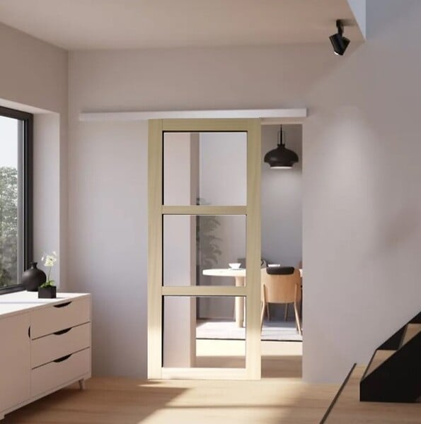 GD MENUISERIES - Porte Coulissante bois Ayous Vitrage transparent H204 x L83 cm, Rail alu bandeau blanc, Coquilles - large