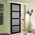GD MENUISERIES - Porte Coulissante Telia Noir Vitrée H204 x L73 cm, Rail Alu bandeau blanc, Coquilles - vignette